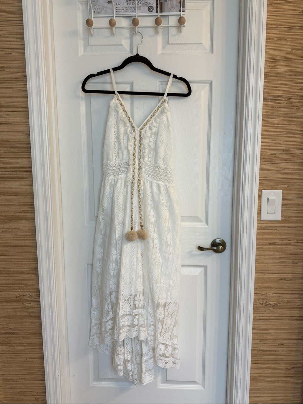 Women's White Lace Maxi Dress with Pom Tassel Tie